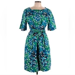 Tory Burch Green Dress Geometric Sheath Belt Pockets Sleeves Size 10
